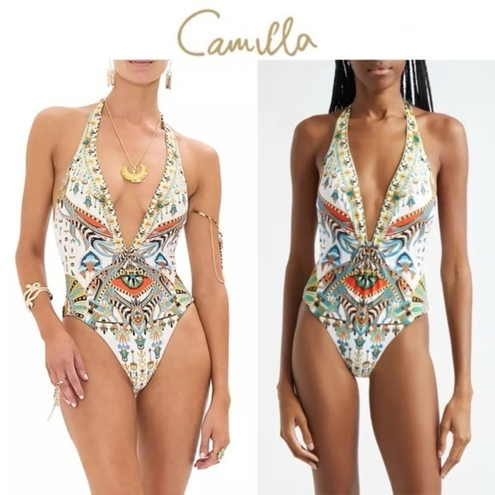 Camilla White Low Back Halter Multicolor Plunge Swimsuit sz L 420$